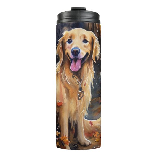 Halloween Golden Retriever met pompoenen eng Thermosbeker (Voorkant)