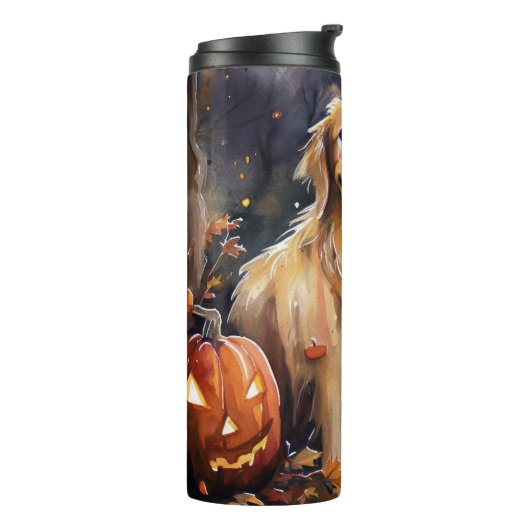 Halloween Golden Retriever met pompoenen eng Thermosbeker (Gedraaid links)