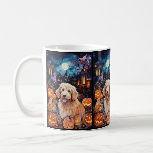 Halloween Goldendole met pompoenen eng Koffiemok (Links)