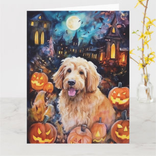 Halloween Goldendoodle met pompoenen eng Kaart