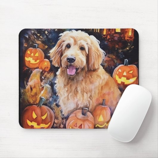 Halloween Goldendoodle Met Pompoenen Eng Muismat (Met muis)