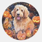 Halloween Goldendoodle met pompoenen eng Ronde Sticker (Voorkant)