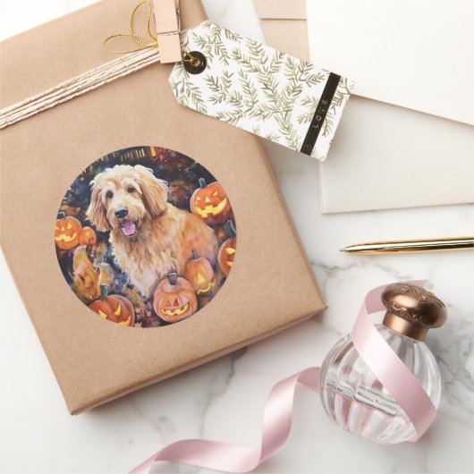 Halloween Goldendoodle met pompoenen eng Ronde Sticker (Geschenken)