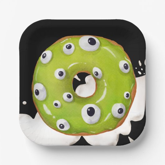 Halloween Googley Eyed Groen Monster Donut Papieren Bordje (Voorkant)