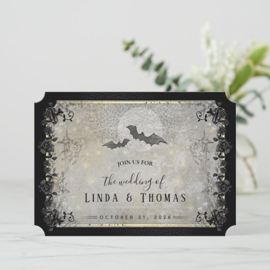Halloween Gothic Bats Grey & Black Wedding Invitat Kaart (Staand voorkant)