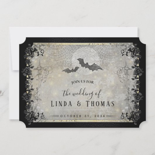Halloween Gothic Bats Grey & Black Wedding Invitat Kaart (Voorkant)