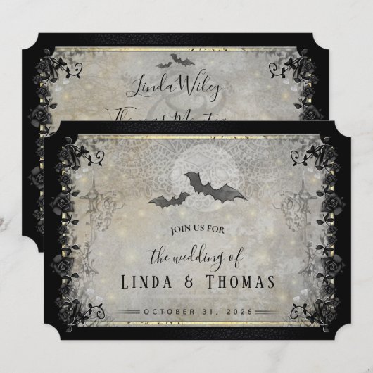 Halloween Gothic Bats Grey & Black Wedding Invitat Kaart (Voorkant / Achterkant)
