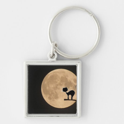 Halloween gothic black cat met volle maan sleutelhanger (Voorkant)