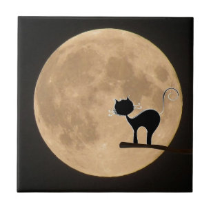 Halloween gothic black cat met volle maan tegeltje