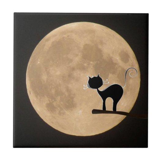 Halloween gothic black cat met volle maan tegeltje (Voorkant)