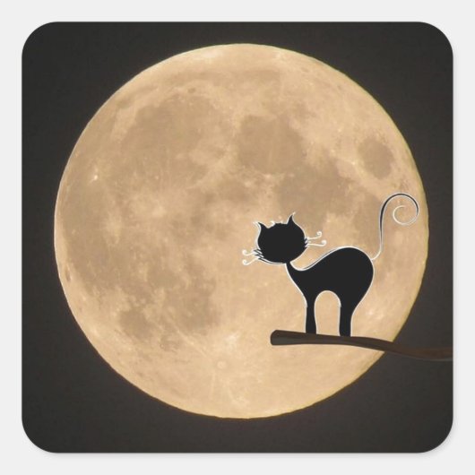Halloween gothic black cat met volle maan vierkante sticker (Voorkant)