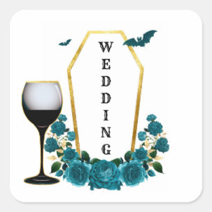 Halloween Gothic Blauwgroen Gold Coffin Floral Wed Vierkante Sticker