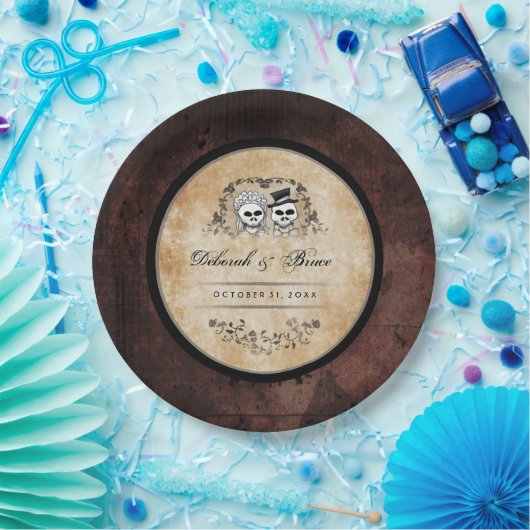 Halloween Gothic Brown Skeletons Matching Wedding Papieren Bordje (Feest)