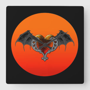 Halloween Gothic Oranje Hart & Bat Wings Wall Cloc Vierkante Klok