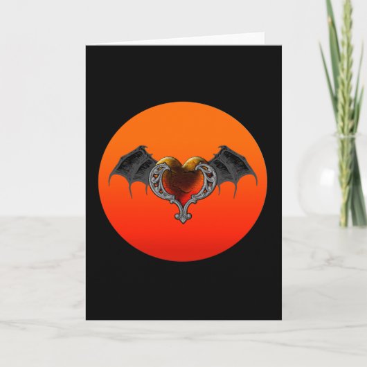 Halloween Gothic Oranje Hart met Bat Wings Kaart (Voorkant)
