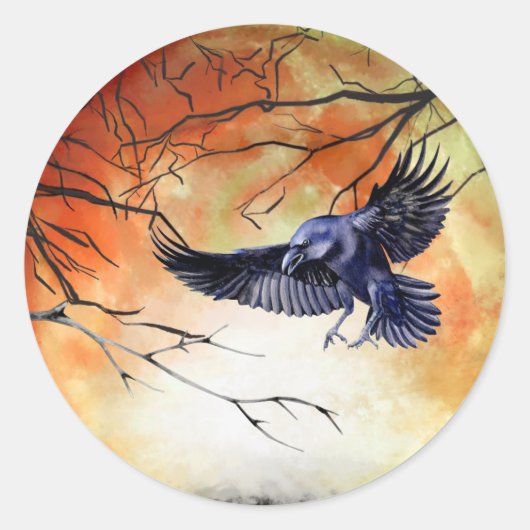 Halloween Gothic Raven Crow Moon Scene Ronde Sticker (Voorkant)