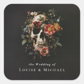 Halloween Gothic Skull Floral Wedding Vierkante Sticker (Voorkant)