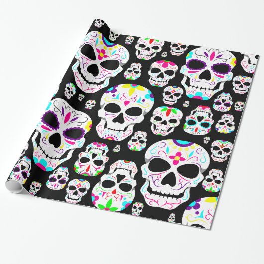 Halloween Gothic Sugar Skulls Zwart Cadeaupapier (Uitgerold)