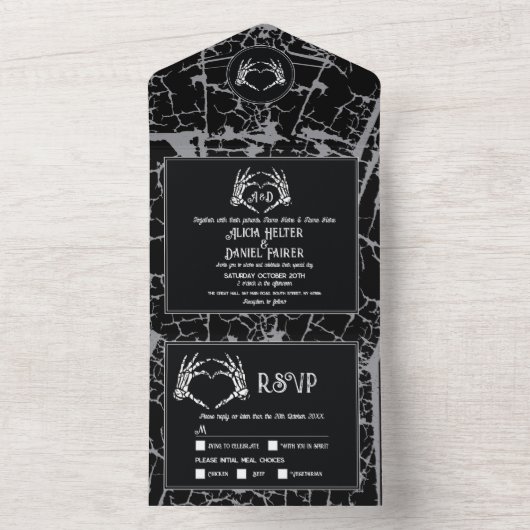 Halloween Gothic Wedding Skeleton Hart Handen All In One Uitnodiging (Binnen)