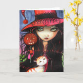 Halloween Gothic Witch Cat Kaart Note Kaart (Gele Bloem)