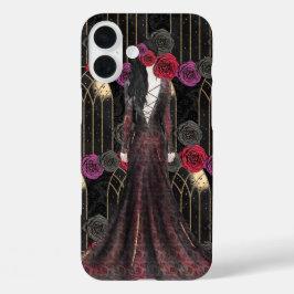 HALLOWEEN GOTHIC ZWART ROOD PAARS BLOEMEN & VROUW iPhone 16 PLUS HOESJE