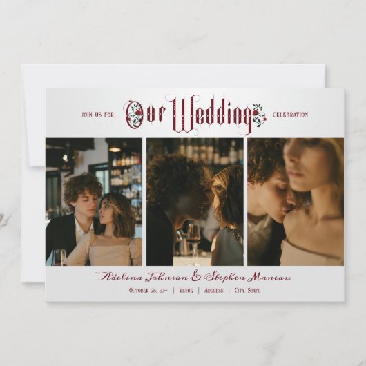 Halloween Gotisch Script Red Roses 3 Foto Bruiloft Kaart (Voorkant)