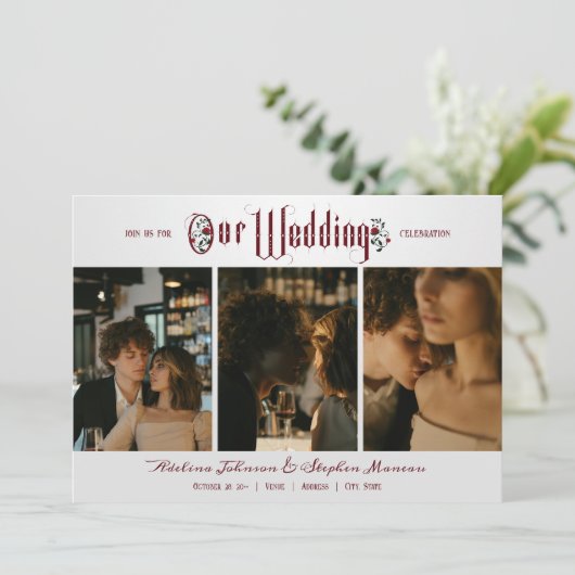 Halloween Gotisch Script Red Roses 3 Foto Bruiloft Kaart (Staand voorkant)