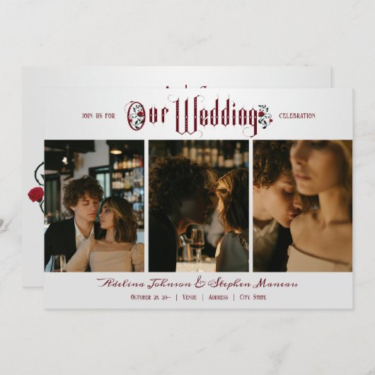 Halloween Gotisch Script Red Roses 3 Foto Bruiloft Kaart (Voorkant / Achterkant)