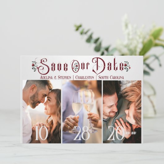 Halloween Gotisch Script Rozen Drie Foto Bruiloft Save The Date (Staand voorkant)