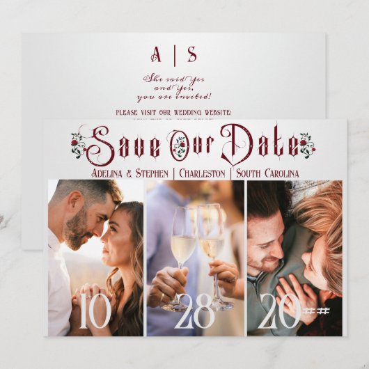 Halloween Gotisch Script Rozen Drie Foto Bruiloft Save The Date (Voorkant / Achterkant)