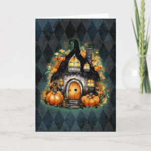 Halloween Gotische Herfst Fairy Cottage Blue Argyl Kaart