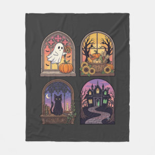 Halloween gotische raam spook pompoen zwarte kat H Fleece Deken