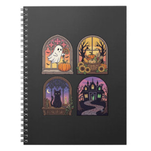 Halloween gotische raam spook pompoen zwarte kat H Notitieboek