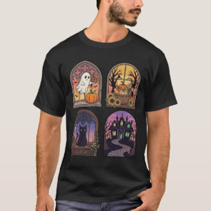Halloween gotische raam spook pompoen zwarte kat H T-shirt