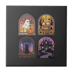 Halloween gotische raam spook pompoen zwarte kat H Tegeltje