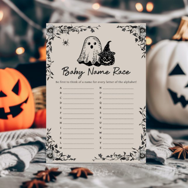 Halloween Gotische Vintage Babynamen Race Game (Black Floral Gothic Little Boo Baby Shower Baby Name Race Game)