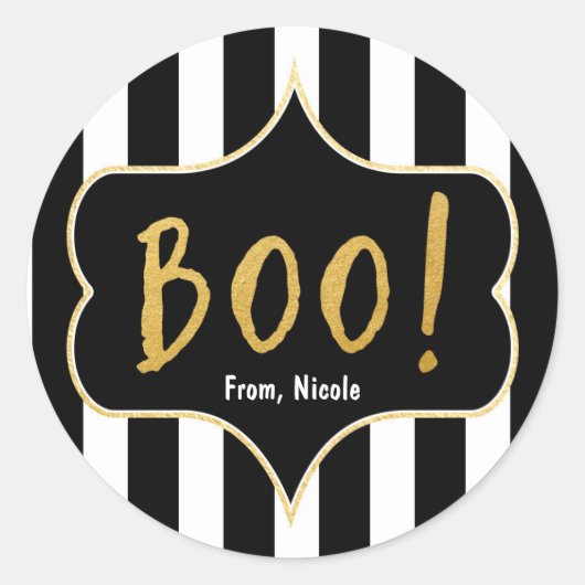 Halloween Goud BOO Zwart & Wit Gestreepte Sticker (Voorkant)