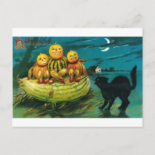 Halloween Gourd Peopl en Cat Briefkaart (Voorkant)
