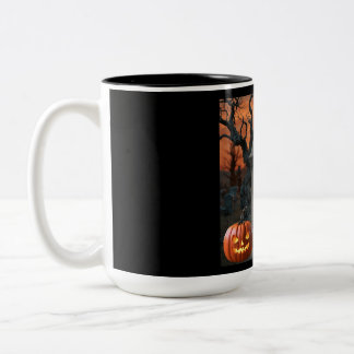 Halloween grafsteen humor "Rona V. Iris" Tweekleurige Koffiemok