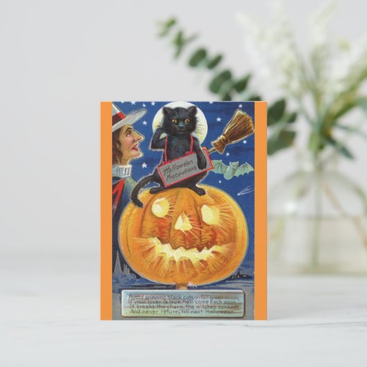 Halloween Grappig  Heks Zwart Kat Pompoen Briefkaart (Staand voorkant)