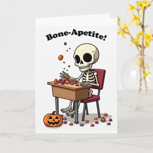 Halloween grappig skelet voor iedereen bot-eetlust kaart (Gele Bloem)