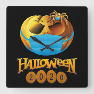 Halloween Grappige Enge Pompoen En Spin Met Masker Vierkante Klok