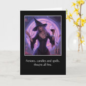 Halloween grappige heks en wijn juichen kaart (Gele Bloem)