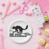 Halloween grappige kat heks op bezemsteel papieren bordje (Feest)