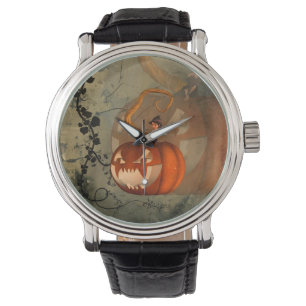 Halloween, grappige pompoen met schattige heks horloge