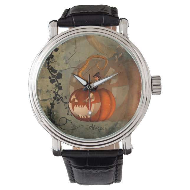 Halloween, grappige pompoen met schattige heks horloge (Voorkant)