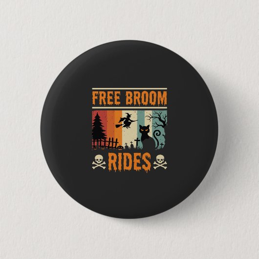 Halloween Gratis Bezem Ritten Heks Kat Ronde Button 5,7 Cm (Voorkant)