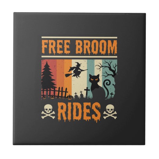 Halloween Gratis Bezem Ritten Heks Kat Tegeltje (Voorkant)