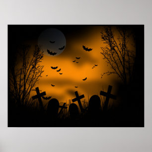 Halloween Graveyard met vleermuizen en grafstenen Poster
