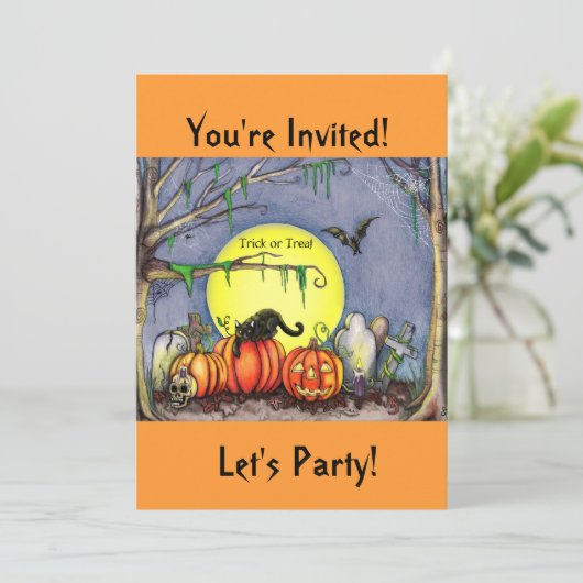 Halloween Graveyard Scene Party Uitnodiging (Staand voorkant)